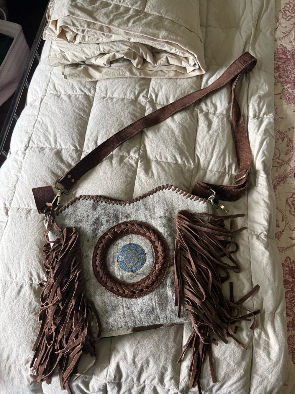 Fringed Cowhide Crossbody Bag in White & Brown
